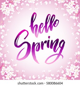 Spring calligraphy card quote hello spring. Hand drawn blossom cherry branches. Handwritten lettering quote, sakura floral border frame on pink watercolor background Vector illustration stock vector.