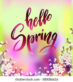 Spring calligraphy card. Calligraphy quote hello spring blossom cherry branches. Handwritten lettering sakura floral border frame on green pink watercolor background Vector illustration stock vector.