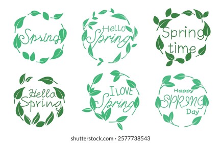 Spring Calligraphy decoration with green leaves. Green leaves with spring message. Vector illustration.