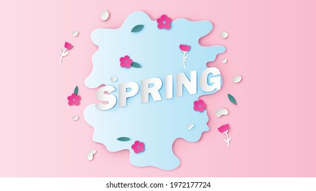 SPRING calligraphy on water splash background with paper flower, leaves and and water drop. Beautiful springtime. Spring poster. paper cut and craft style. vector, illustration.