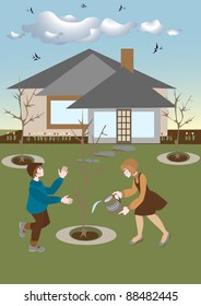 Spring came and the children plant trees and watered. Illustration.