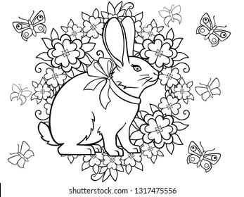 Spring came. Easter card. Picture for coloring. Easter bunny, wreath, flowers and butterflies. Outline. 
hand drawing