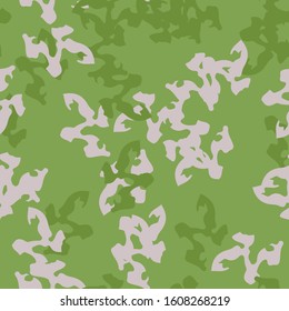 Spring camouflage of various shades of green and beige colors. It is a colorful seamless pattern that can be used as a camo print for clothing and background and backdrop or computer wallpaper