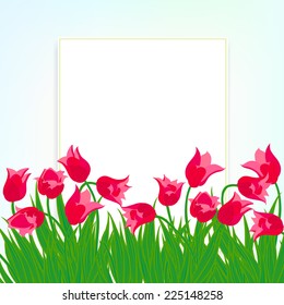 Spring card background with field of red tulip flowers. Vector illustration for mothers day postcard, Easter or seasonal sale.