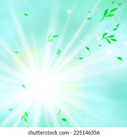 Spring card background with flying leaves from the blue sky with sun and bright lights. Vector illustration for soap package, mothers day postcard or seasonal sale.