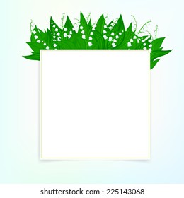 Spring card background with lily of the valley flowers and soft sun lights. Vector illustration for soap packaging, or mother's day postcard