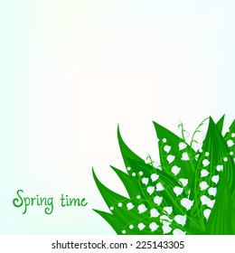 Spring card background with lily of the valley flowers and soft sun lights. Vector illustration for soap packaging, or mother's day postcard