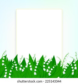 Spring card background with lily of the valley flowers and soft sun lights. Vector illustration for soap packaging, or mother's day postcard