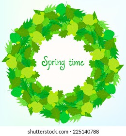 Spring card background with wreath of green leaves and foliage. Vector illustration for soap package, mothers day postcard or seasonal sale.