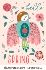 spring card with beautiful bird - vector illustration, eps    
