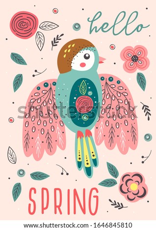 spring card with beautiful bird - vector illustration, eps    
