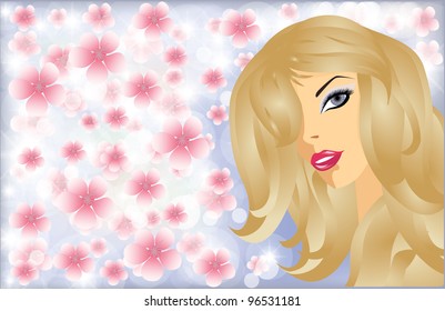 Spring card with beautiful girl, vector illustration