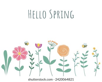 Spring card with bees, flowers, herbs and inscription. Hello spring handwritten text. Cute botanical floral design with coligraphy, vector illustration