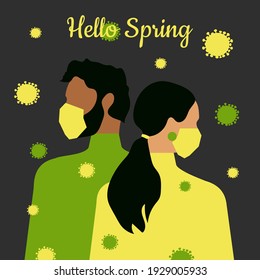 Spring card with the beginning of spring. Coronavirus quarantine. A woman and a man in medical masks. Modern vector graphics.