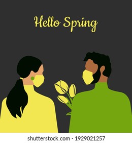 Tarjeta de primavera con el comienzo de la primavera. Un hombre le da a una mujer un ramo de tulipanes amarillos. Cuarentena de Coronavirus. Una mujer y un hombre con máscaras médicas. Gráficos vectoriales modernos.