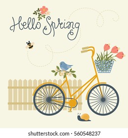 Spring card with bicycle, flowers, bird, snail and fence. Text "Hello Spring"