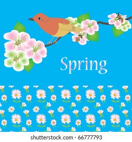 Spring card with bird, bee and flowers