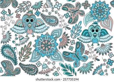 Spring card with birds,butterflies and flowers 