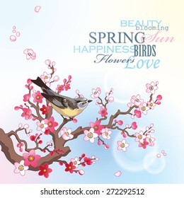Spring card with blossoming sakura branch and bird on the blue sky background