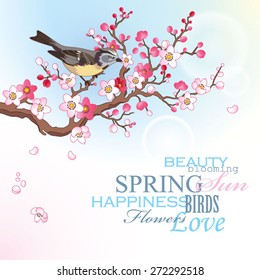 Spring card with blossoming sakura branch and bird on the blue sky background