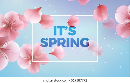 It's Spring card, blue background for banner, poster. Vector illustration with pink petals.