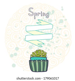 spring card with blue flower pot