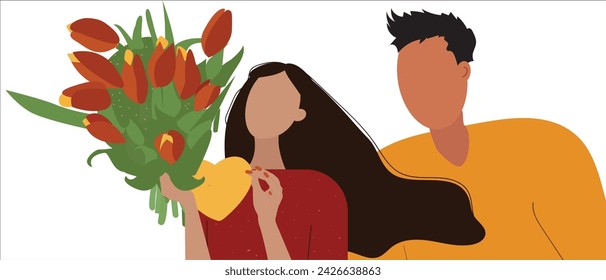 spring card boy gives girl a bouquet of flowers faceless tulips