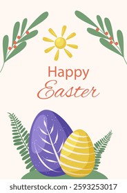 Spring card with bright Easter eggs with patterns framed by green leaves and the sun on a light background. Vector illustration