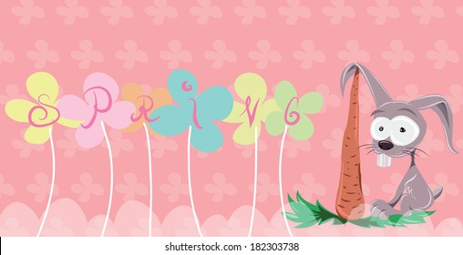 Spring card with bunny and flowers, vector illustration