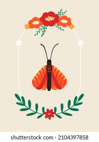 Spring card with a butterfly and flowers in a frame. Modern print for home decor, printed products, printing on clothes. Colorful Vector illustration. Vertical poster