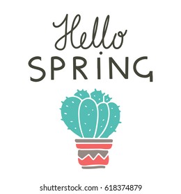 Spring card. Cactus, potted succulent plant hand drawn isolated on white background. Handwritten font, lettering