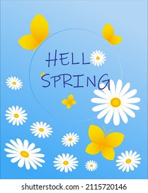 Spring card with chamomile and butterflies on a light blue background
