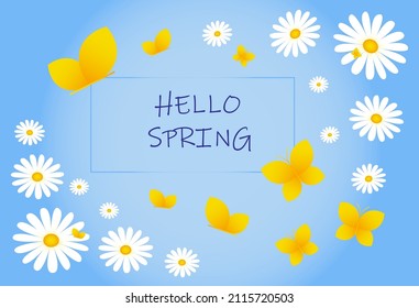 Spring card with chamomile and butterflies on a light blue background