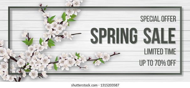 Spring card with chamomiles, blooming branch and grass on wooden background. Spring sale text. Background for invitation, discount offer or flyer. Realistic detailed vector template.