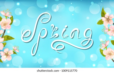 Spring Card with Cherry Blossom, Calligraphic Text - Illustration Vector