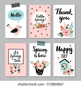 Spring card collection , hand drawn elements with quotes, calligraphy, flowers, wreath, bird. Perfect for greeting cards, sale badges, scrapbook, poster, cover, tag, invitation. Vector illustration.