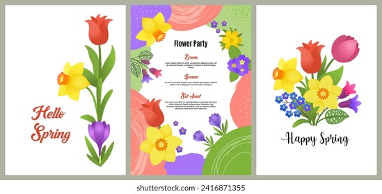 Spring card or cover design set with blooming flowers. Cute background with floral elements. Spring flowers vector template for party invitation, greeting or gift card, brochure cover or page, flyer.