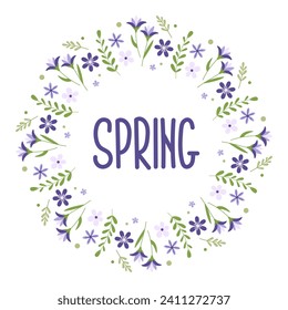 Spring card with crocuses. Decorative round frame. Design elements for invitations, label, sale, scrapbooking.