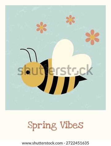 Spring card with cute bee in pastel colours. Minimal illustration for seasonal design and warm wishes