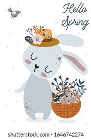 tarjeta de resorte con conejito lindo - ilustración vectorial, pasos