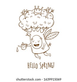 
Spring card with a cute cartoon tree. The plant fairy flies and welcomes the new season. Vector contour image no fill.