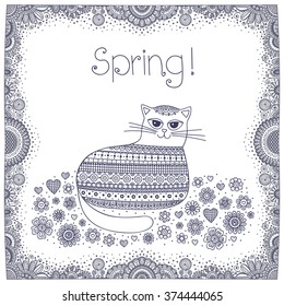 Spring card with cute doodle cat and flowers. Outline vector objects. Coloring page for children and adults.
