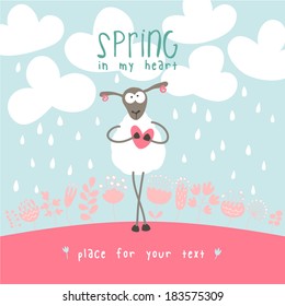 Spring card with a cute sheep, heart and flowers. Spring in my heart.