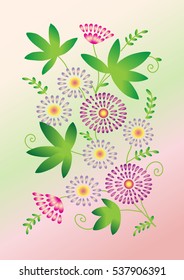 Spring card with daisy flowers on pink floral background.