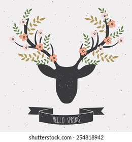 Spring card with deer in flowers. Vector illustration.