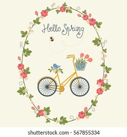 Spring card design with bicycle in floral wreath, bee and bird. Hand lettering "Hello Spring"