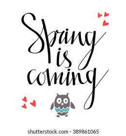 Spring card design, hand drawn owl, hearts, isolated, calligraphic font
