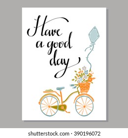 Spring card design, hand drawn bike, flowers in basket, kite, isolated, calligraphic font