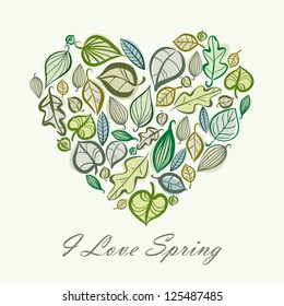Spring card design with heart made of leaves, vector illustration.