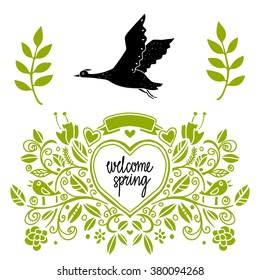 Spring card design isolated, calligraphic text. Background flowers, leaves, bird, branches, frame